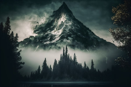 Mountain peak in the morning mist with reflection in the lake.の素材