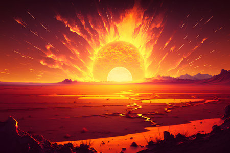 Fantasy landscape with planet in fire. 3d render illustration.の素材