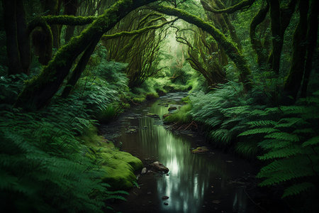 Beautiful green forest with a creek in the rainforest, New Zealandの素材