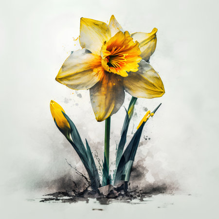 Daffodil flower on watercolor background. Digital painting.の素材