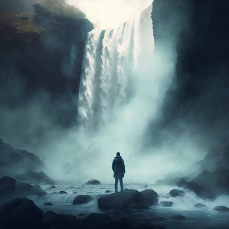 Man standing on the rock and looking at the waterfall. 3d renderingの素材