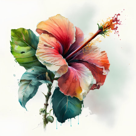 Watercolor hibiscus flower. Hand drawn illustration isolated on white backgroundの素材