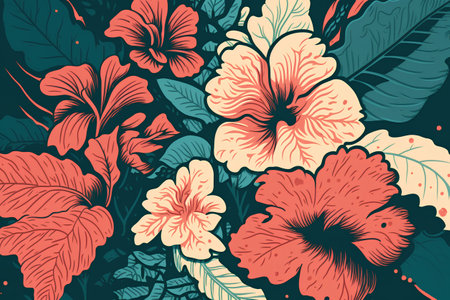 Seamless pattern with hand drawn hibiscus flowers.の素材