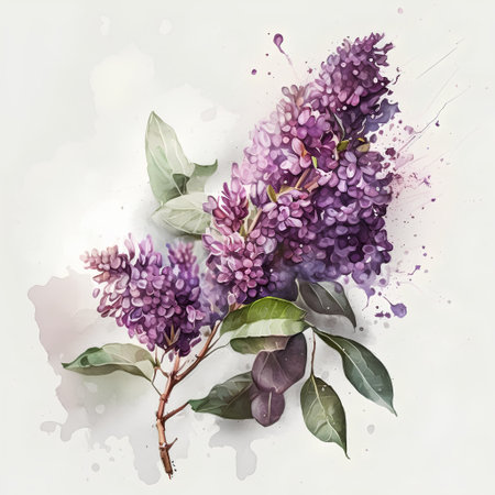 Branch of lilac with watercolor splashes. Vector illustration.の素材