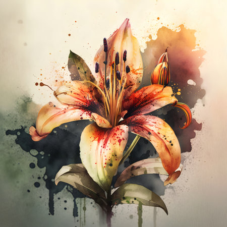 Beautiful lily flower with watercolor splashes on grunge backgroundの素材