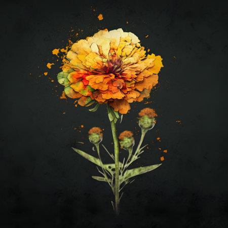 Watercolor marigold flower on dark background. Hand drawn illustrationの素材