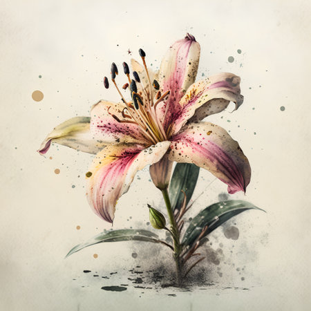 Lily flower with watercolor splashes and drops on paper backgroundの素材