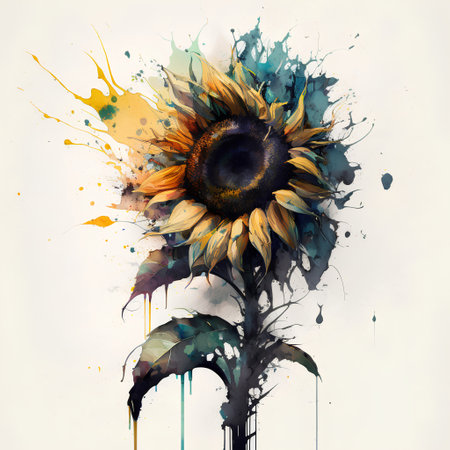 Watercolor painting of sunflower with colorful blots on white backgroundの素材