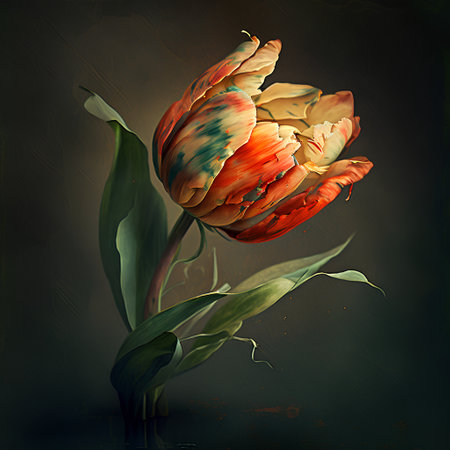 Tulip flower on dark grunge background. Digital painting.の素材