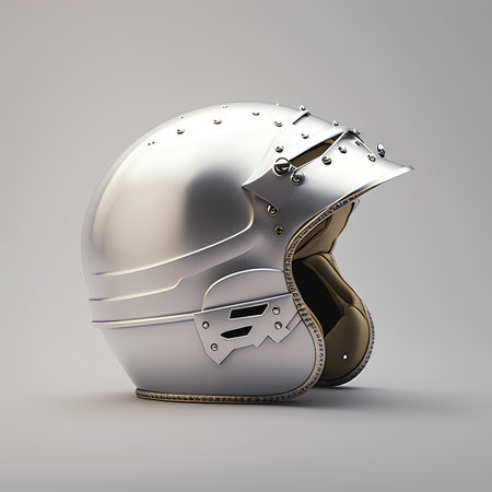 Metal knight helmet isolated on gray background. 3d rendering. Front view.の素材