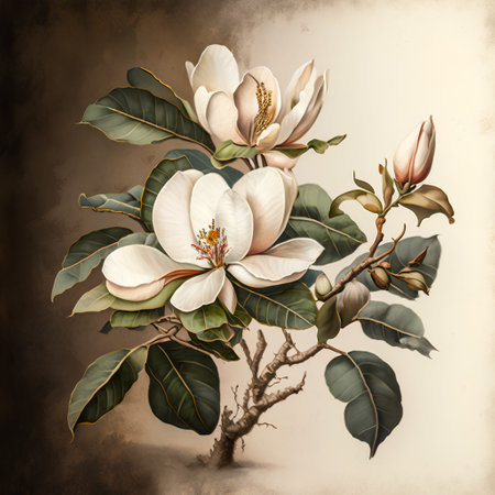 Magnolia flowers on old paper background. Digital painting. 3D illustration.の素材