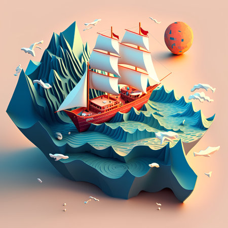 Pirate ship in the sea. 3d illustration. Vector.の素材