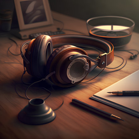 headphones on the table with notebook and pen, 3d renderの素材