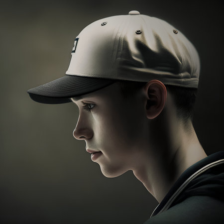 Portrait of a young man in a baseball cap on a dark backgroundの素材