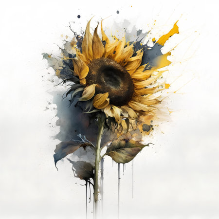 Sunflower with watercolor splashes on white background. Hand drawn illustrationの素材