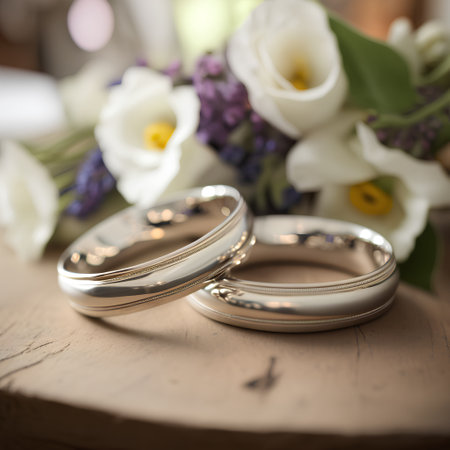 wedding rings on a wooden table with a bouquet of flowersの素材