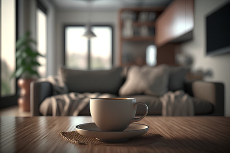 Cup of coffee on the table in the living room. 3d rendering.の素材