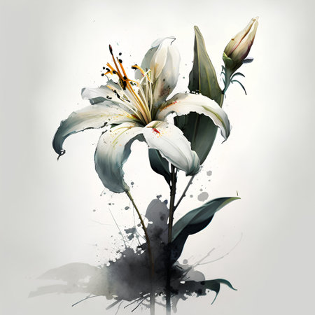 Watercolor painting of white lily flower on grunge background.の素材