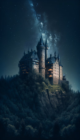 Fantasy landscape with medieval castle and milky way at night.の素材