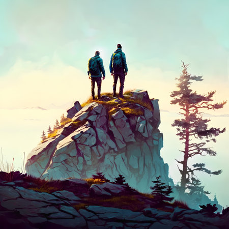 Two hikers stand on the top of a mountain and look into the distance.の素材
