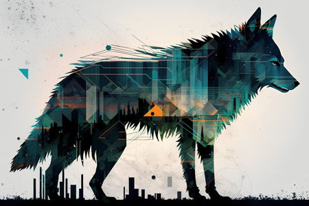 Wolf abstract background with city buildings and geometric elements. Vector illustration.の素材