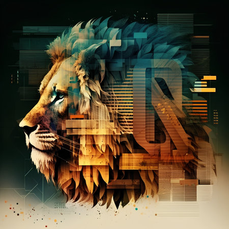 Lion head with abstract background. Digital collage. Vector illustration.の素材
