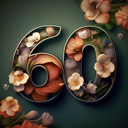 Number 60 with floral decoration on dark green background. 3d illustrationの素材