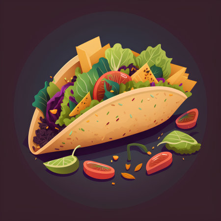 Mexican tacos with vegetables and cheese on dark background. Vector illustrationの素材