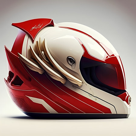 Red motorcycle helmet on a gray background. 3D illustration. Side view.の素材