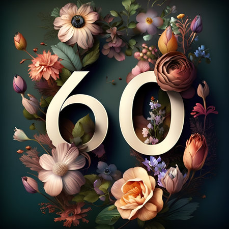 Number 60 with flowers and leaves in vintage style on dark green backgroundの素材