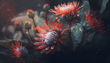 Close up of red protea flowers. Floral background. 3D Renderingの素材