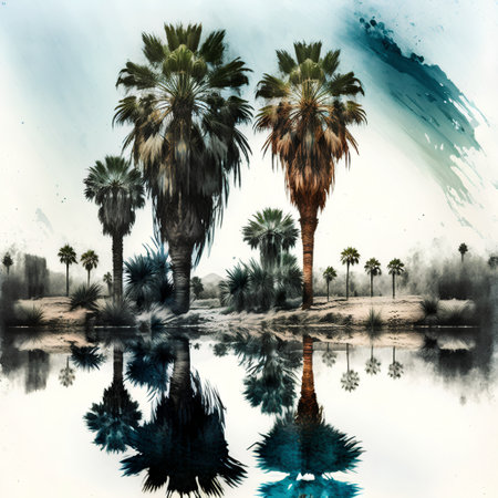 Palm trees reflected in the water. Digital watercolor painting.の素材