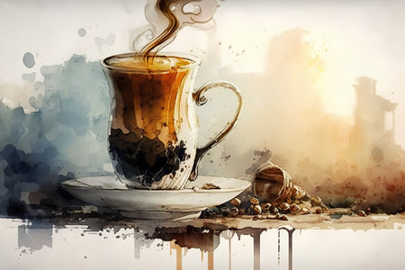 Cup of coffee and croissant. Digital watercolor paintingの素材