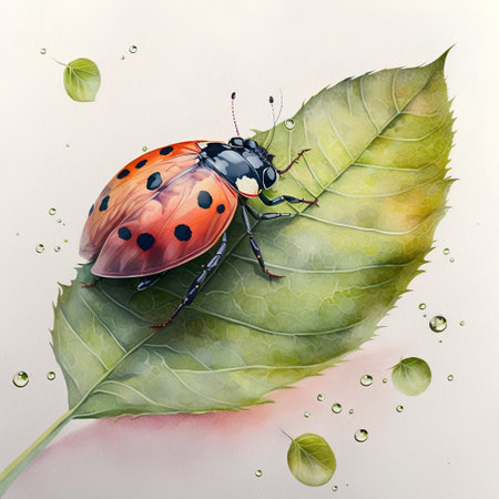 Watercolor illustration of ladybug on green leaf with water drops.の素材