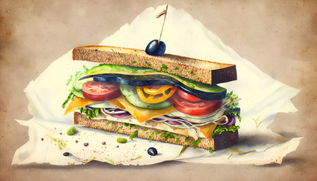 Sandwich with cheese, tomato, cucumber, onion and lettuce on crumpled paperの素材