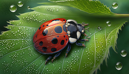 Beautiful red ladybug on a green leaf with dew dropsの素材