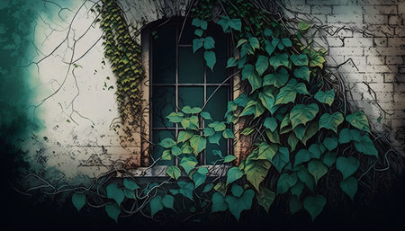 Old window with green ivy on the wall. Digital painting.の素材