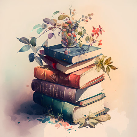 Pile of books with autumn leaves and berries, hand drawn illustrationの素材