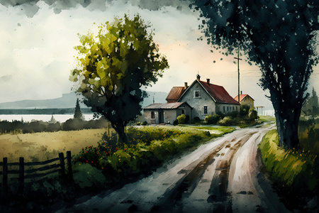 Digital painting of a country road leading to a house in the countrysideの素材