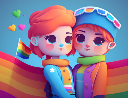 Cute little boy and girl with lgbt flag. Vector illustration.の素材
