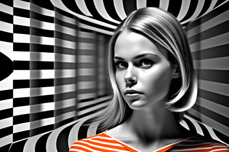 3d illustration of a beautiful girl with black and white striped backgroundの素材