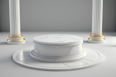 White marble pedestal with golden columns on grey background. 3d renderの素材