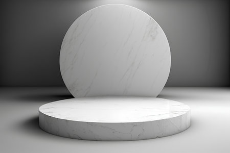 White marble pedestal in dark room, 3d rendering. Computer digital drawing.の素材