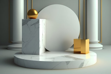 White marble podium with golden ball and column. 3D rendering.の素材