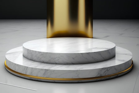 3d render of white marble podium with golden pedestal in dark roomの素材
