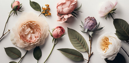 Flowers composition. Frame made of rose flowers on white background. Flat lay, top view, copy spaceの素材