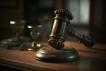 Wooden gavel and soundblock on the table in the courtroomの素材