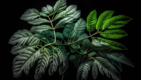 3D rendering of a green plant with leaves isolated on black backgroundの素材
