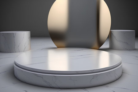 3d render of white marble podium with gold and gray geometric shapesの素材