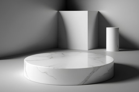 White marble podium in empty room, 3d render, square imageの素材